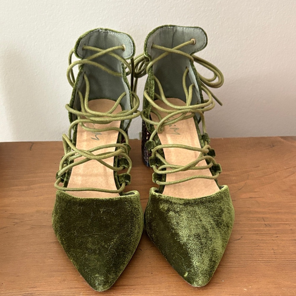 Mi.iM Green Velvet Women's Lace-Up Glitter Block Heels